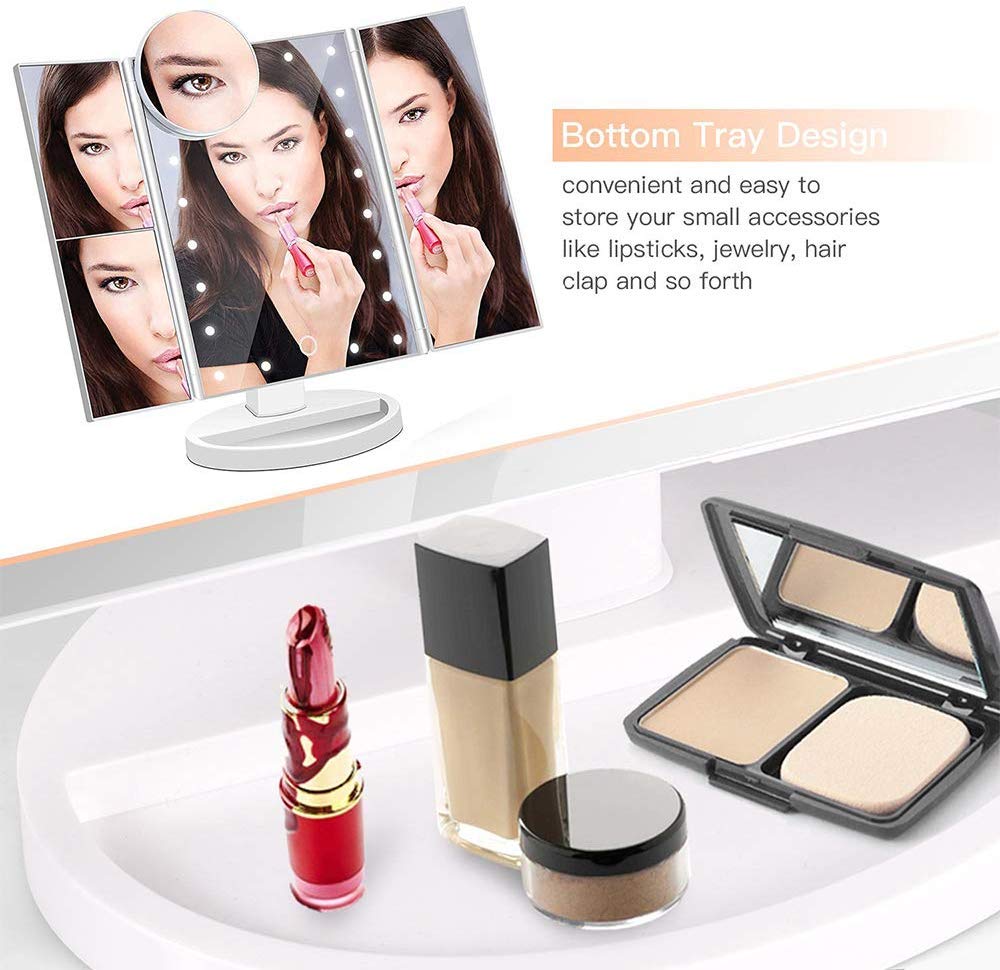 PUVLISZ Vanity Cosmetic/Makeup Mirror with 22 LED Lights, Touch Screen, Magnification Tri-Fold 2X 3X Magnifying, 180° Free Rotation, Dual Power Supply White