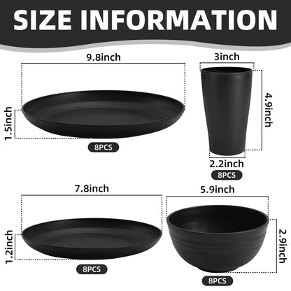 Black Plates and Bowls Sets for 8,Wheat Straw Dinnerware Sets Black Plastic Reusable Dishwasher Safe for Kitchen Halloween Camping,32 Pcs Lightweight Unbreakable Plastic Dishes Set Outdoor