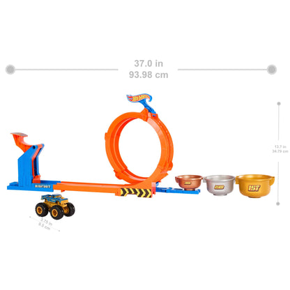 Hot Wheels Monster Trucks Toy Truck & Track Set, Loop-And-Flip Trophy Challenge Playset & 1:64 Scale 50th Anniversary Die-Cast Bigfoot, 2 Ways to Play, JBX64