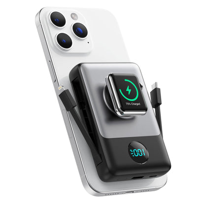 Magnetic Portable Charger 10800mAh for iPhone with Built-in Cables, 6-in-1 Wireless Power Bank with iWatch Charger, LCD Display 25W PD Fast Charging Battery Pack for iPhone 16/15/14/13/12, Apple Watch