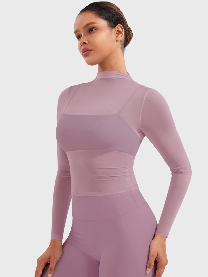 YEOREO Womens Sheer Tops Long Sleeve See Through Tops Mock Neck Slim Fit Workout Shirt Jamy Going Out Sexy Shirts Lilac Smoke M