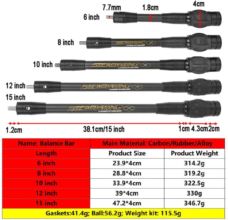 Archery Bow Stabilizer - Carbon Fiber Balance Bar with Damping System | 6", 8", 10", 12", 15" Options