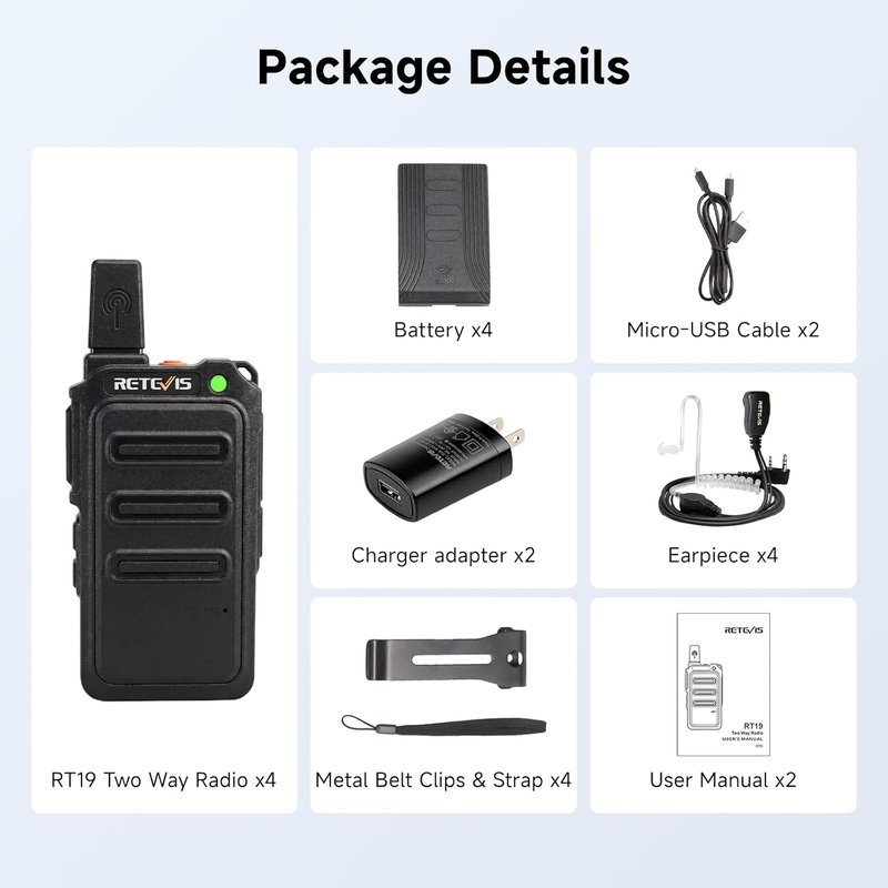 Retevis RT19 Walkie Talkie - Long Range 2 Way Radio with Earpiece & Mic | Compact Mini Design for Outdoor Use (4 Pack)