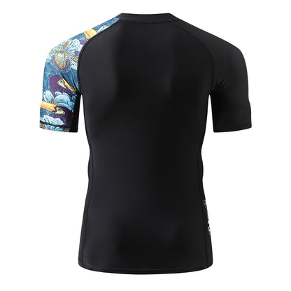 HUGE SPORTS Men's Splice UV Sun Protection UPF 50+ Skins Rash Guard Short Sleeves(HeyToucan, L)