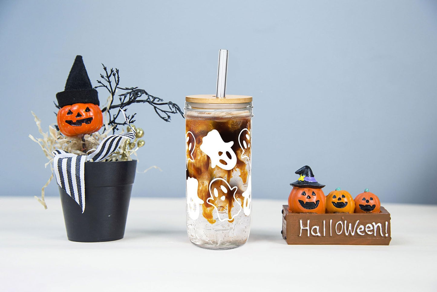 ANOTION Halloween Cups, Ghost Decor 24 oz Mug Mason Jar Glass Cups with Lids and Straws Ghost Tumblers Coffee Cups Cookie Jar Glasses Glassware Drinking Glasses Halloween Decorations Indoor