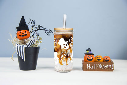 ANOTION Halloween Cups, Ghost Decor 24 oz Mug Mason Jar Glass Cups with Lids and Straws Ghost Tumblers Coffee Cups Cookie Jar Glasses Glassware Drinking Glasses Halloween Decorations Indoor