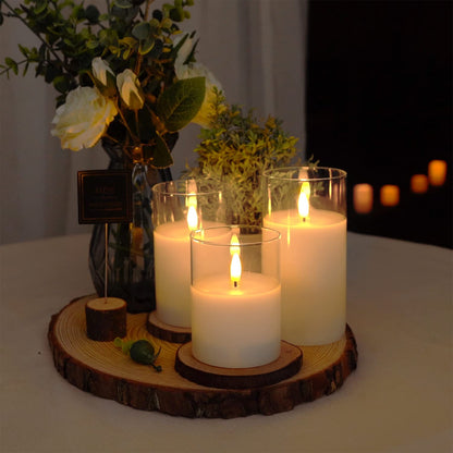 Amagic Clear Glass Flameless Candles Battery Operated with Timer, Remote Control, LED Pillar Candles, Battery Powered, Pure White Wax, Set of 3
