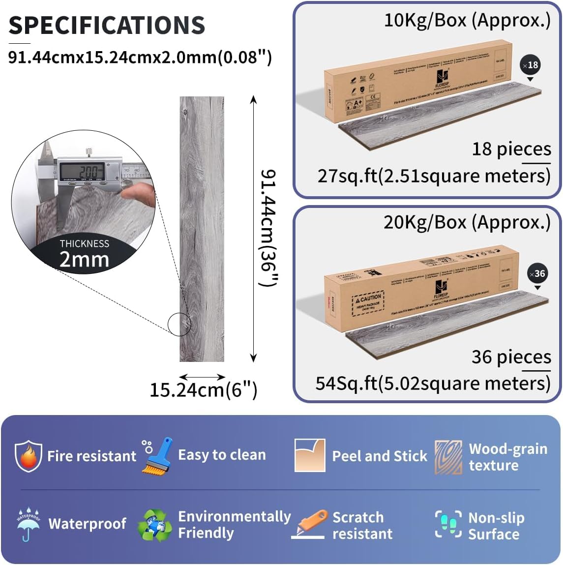 FLOREXP Vinyl Flooring | Self Adhesive Flooring Plank with Wood Effect | Peel and Stick Floor Tiles | Self Adhesive Flooring | 2.0mm 36pcs Waterproof for Bedroom Office Floor Plank(5.02m²,Grey)