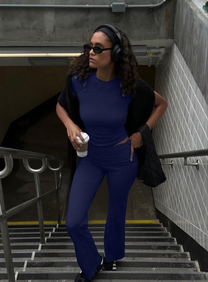 AYWA Women's Lounge Set - Short Sleeve Crop Top & Flare Pants | Casual Pajama Outfit