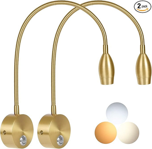 Adust Bedside Reading Light, Bedroom Reading Lamp, 3W LED Touch Dimmable Brightness Minimalist Wall Headboard Reading Lamp, Adjustable Colour Temperature, 3000k, 4000k, 6000k (Gold (2-Pack))