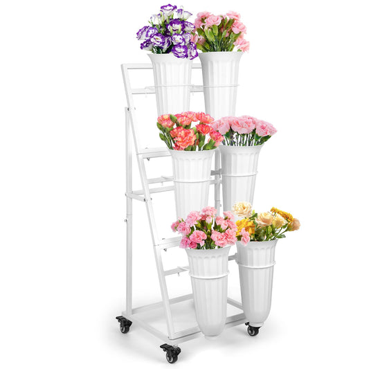 ZpigToor Flower Display Stand With 6 Buckets,Flower Bar with Wheels,Flower Cart Display Stand for Florist Garden Wedding Home Decor (White)