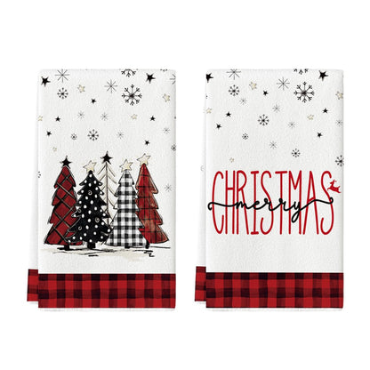 Artoid Mode Black Red Merry Christmas Kitchen Towels Dish Towels, 18x26 Inch Buffalo Plaid Winter Xmas Trees Star Decoration Hand Towels Set of 2