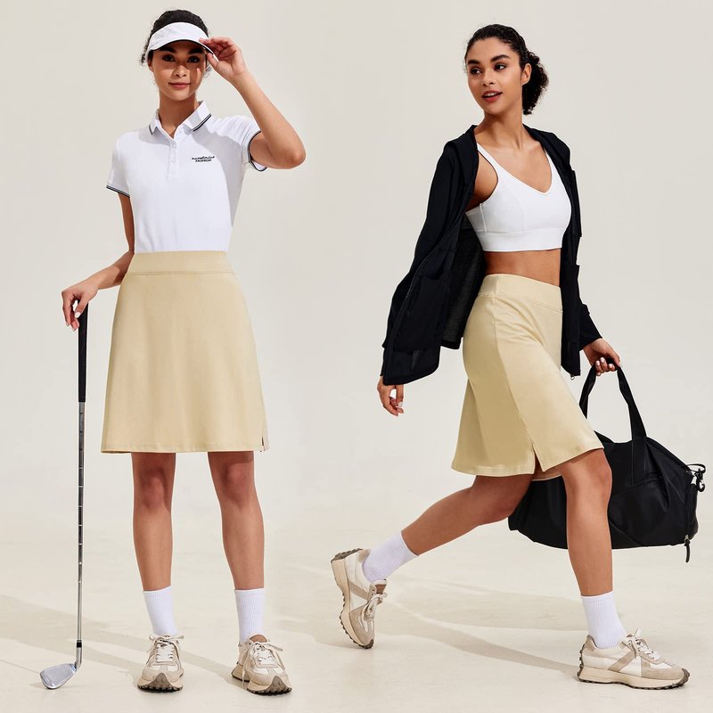 COOrun 20" Knee Length Skirts for Women Quick Dry Golf Skirts with Underneath Pockets Lightweight Tennis Skirts Modest Skirts,Light Khaki L
