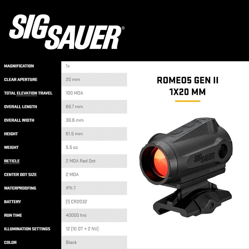 SIG SAUER ROMEO5 GEN II 1x20mm Compact Durable IPX-7 Waterproof Gun Shooting Sight, Parallax-Free Optical Design, 12 Illumination Settings - GEN II Red Dot Sight - Black (SOR5101)