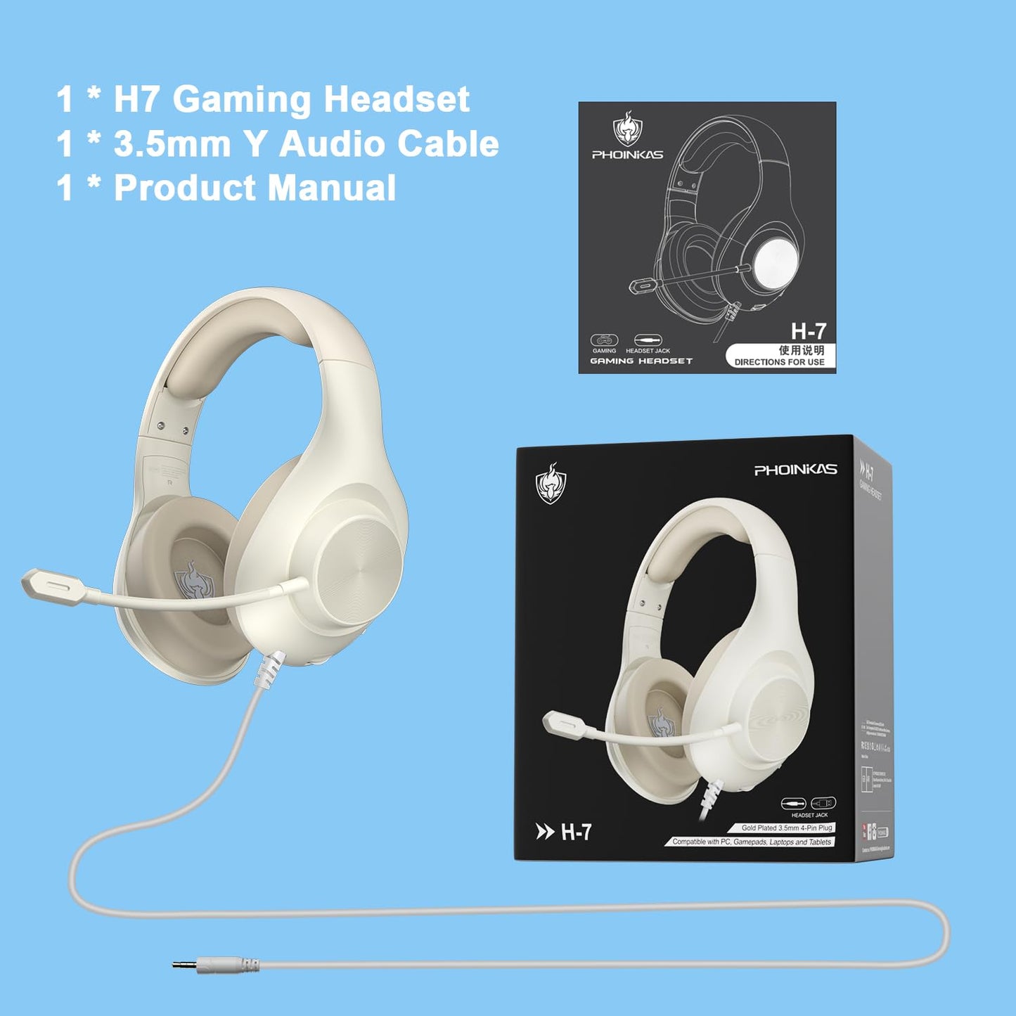 Gaming Headset for PS5 PS4 PC, Wired Headsets with 7.1 Surround Sound, H-7 Gaming Over Ear Headphones with Noise Cancelling Flexible Mic Memory Earmuffs, for PC/PS5/PS4/XboxSeries X/S/Switch (White)