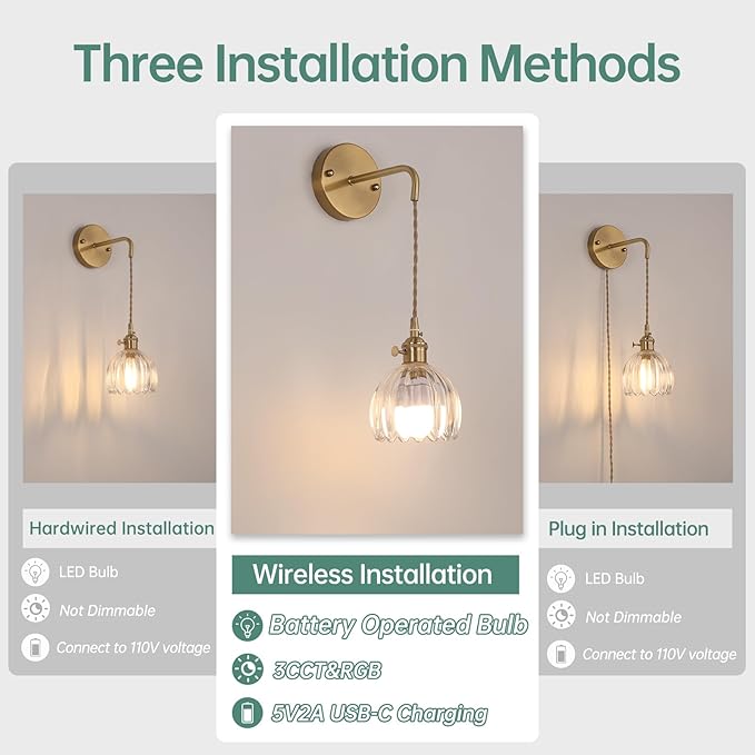 Battery Operated Wall Sconce with Clear Tulip Shade Pattern Glass Adjustable Chain Retro Gold Wall Mounted Light, Modern Wall Lamp Fixtures Decor for Bedside Bedroom Indoor Doorway