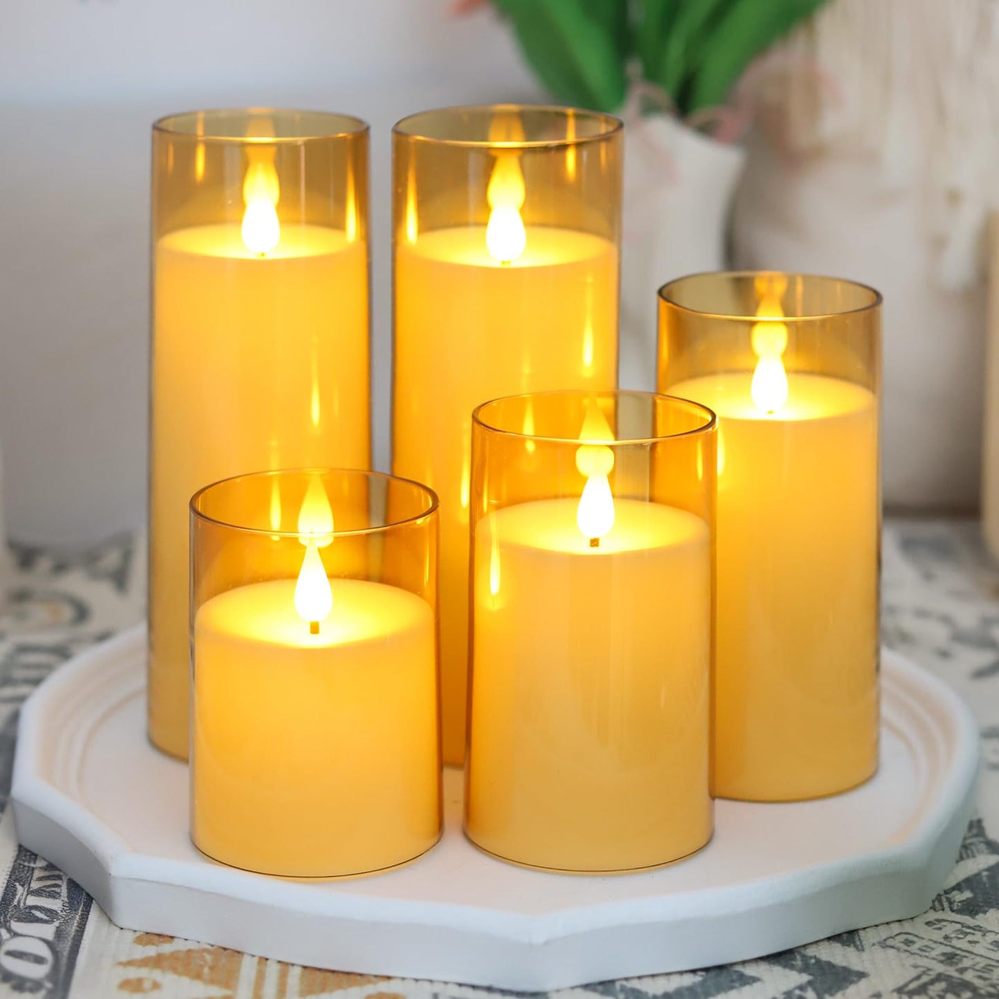 Fo32won Amber LED Flameless Pillar Candles Battery Operated with Remote and Timer, Set of 5 (D 3"×H 4" 5" 6" 8" 8") Decorative Plexiglass Flickering Candles with 3D Flame