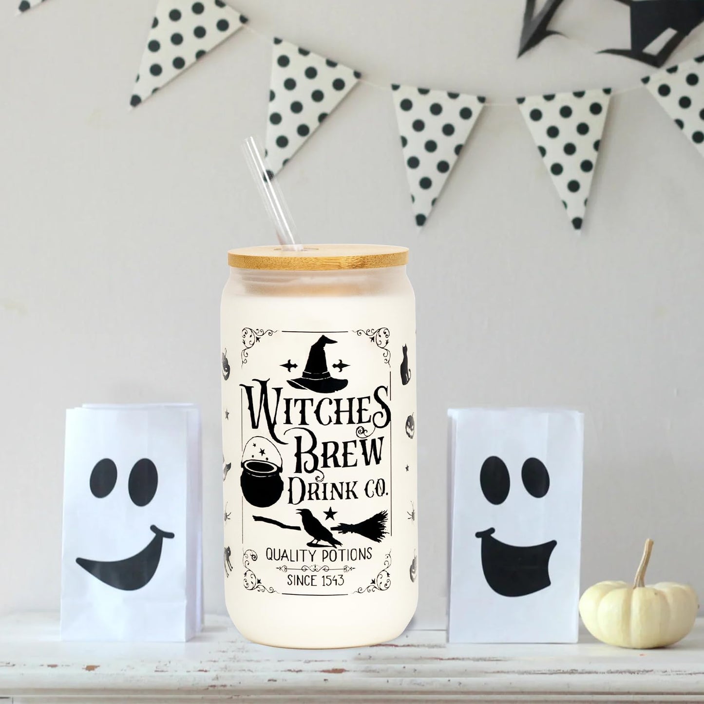 Joyseller Halloween Glass Cup, 18oz Frosted Witch Iced Coffee Can Cup Tumbler with Lid and Straw, Witch Tumbler Beer Can Glass, Halloween Gifts Decorations