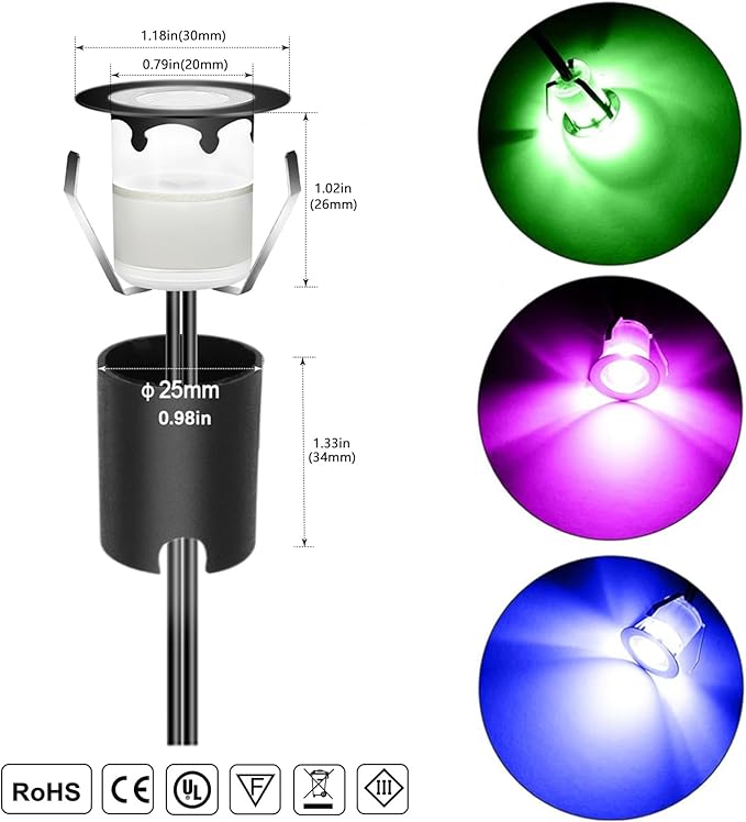 RNEHON LED Outdoor Deck Lights with Protecting Shell, Φ1.18in RGB 10 Pack, IP67 Waterproof Recessed Stair Step Landscape Lighting 12V Low Voltage for Yard Patio Floor Kitchen Decoration