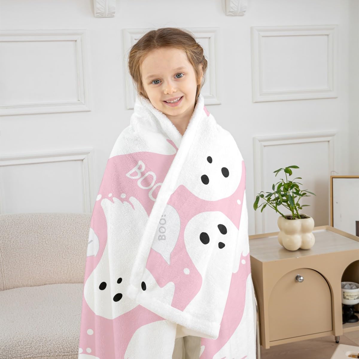Pink Halloween Sherpa Blanket Throw 50"x60" Cartoon Pink Ghost Fleece Throw Blanket for Bed Sofa Couch Kids Kawaii Cute Plush Blanket Bedroom