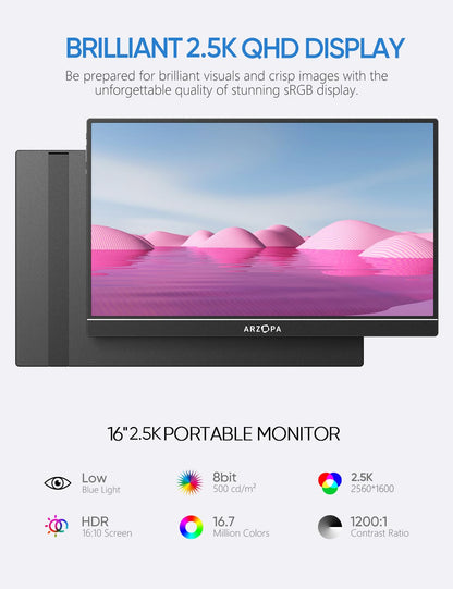 ARZOPA 2.5K Portable Monitor, 16 Inch 2560x1600 HDR 500nits 8bit QHD USB-C HDMI Laptop Monitor, 16:10 IPS Eye Care External Second Screen for Mac PC Phone PS4/5 Xbox (Z1RC)