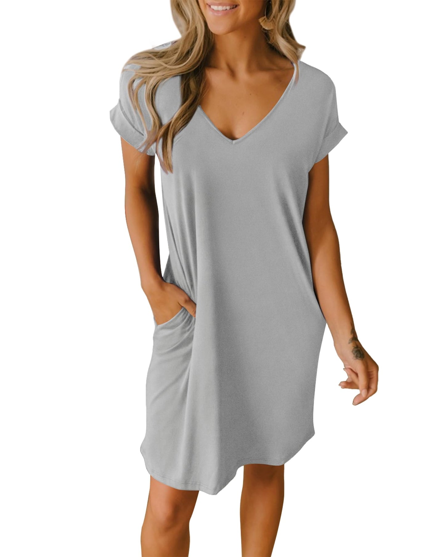 BTFBM Women Summer T Shirt Dresses 2025 Spring Short Sleeve V Neck Loose Casual Short Vacation Dress Pajamas Pockets(Grey, Large)
