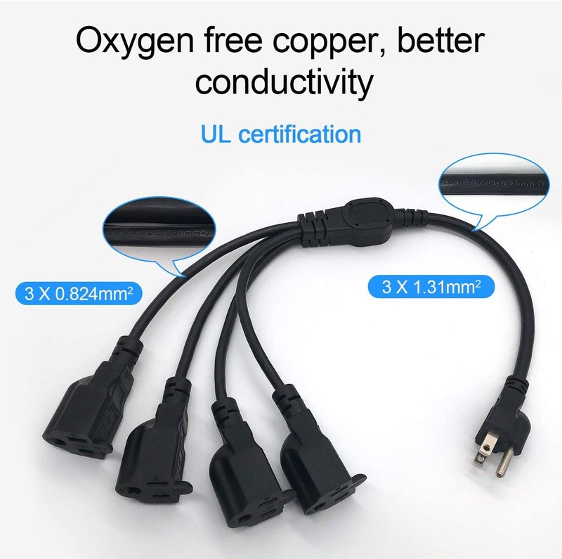 3 Prong 1-to-4 Power Cord Splitter, 20 Inch 4 Outlet Extension Cord Splitter, Y Style 4 Way Power Cable, Heavy Duty Indoor or Outdoor Cable Outlet Protector 16AWG (Black)