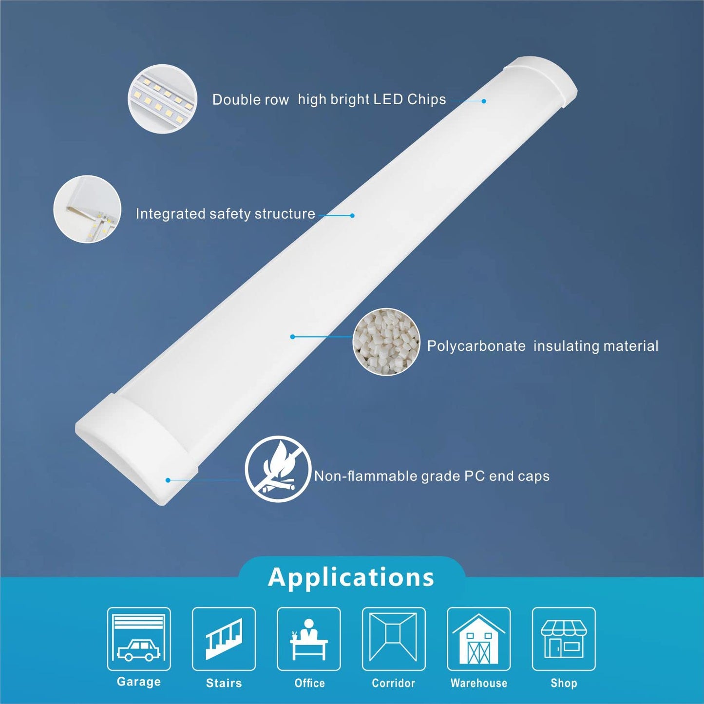 4Ft LED Batten Light, 3550LM 32W 6500K LED Tube Light, 2-Pack Slim Profile Dust-Proof Integrated Housing, Flexible Surface Mounted Linear Ceiling Garage Light, Indoor Use