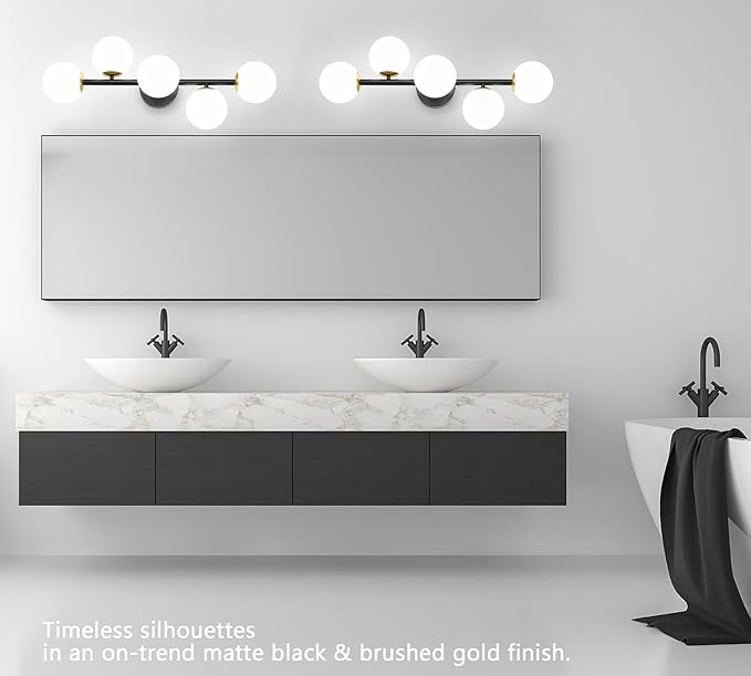 Mid Century Modern Bathroom Vanity Lights, 5-Light Bathroom Light Fixtures Black and Gold Bathroom Lights Semi-Flush Mount Ceiling Light, Wall Sconces Wall Light with Globe Frosted Milk Glass, G9 Base