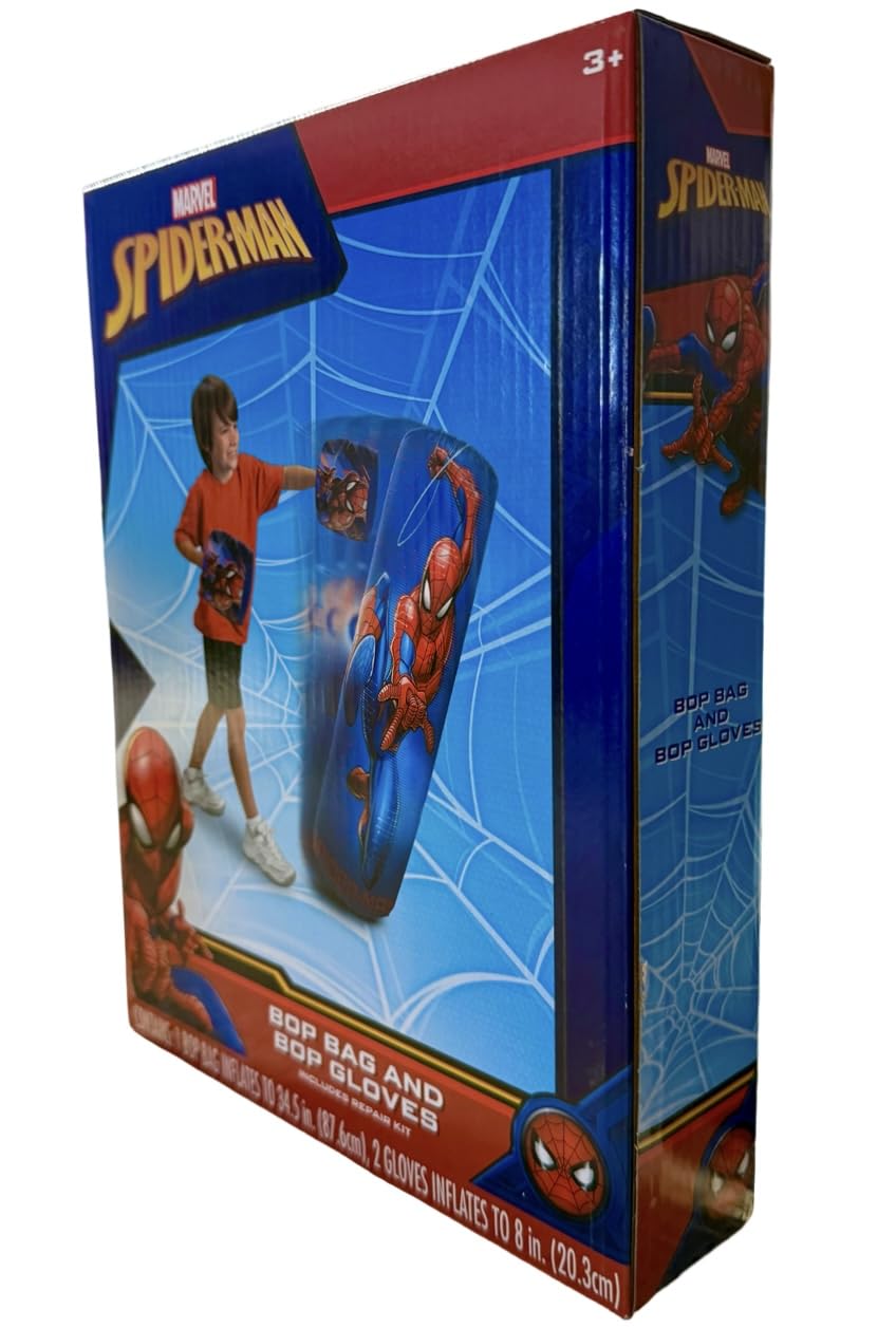 Spiderman Spider-Man Inflatable Bop Bag & Bop Gloves Set Kids Punching Bag with Gloves, Freestanding Superhero Blow Up Bouncing Boxing Bag for Exercise, Durable Heavy Duty Indoor and Outdoor - 34.5"