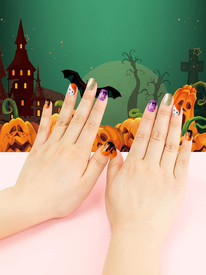 Kalolary 144 PCS Halloween Kids False Nails, Press On Children Nails kids Full Cover Short Fake Fingernail Kit, Halloween kids Fake Nails with Skull Bat Ghost Pattern for Girls Nail Art Decoration