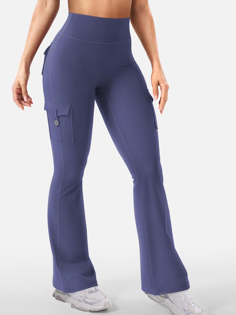 YEOREO CoreFlex Women Workout Flare Leggings with Pockets Hidden Scrunch High Waisted Cargo Gym Yoga No Front Seam Leggings Dark Blue XL