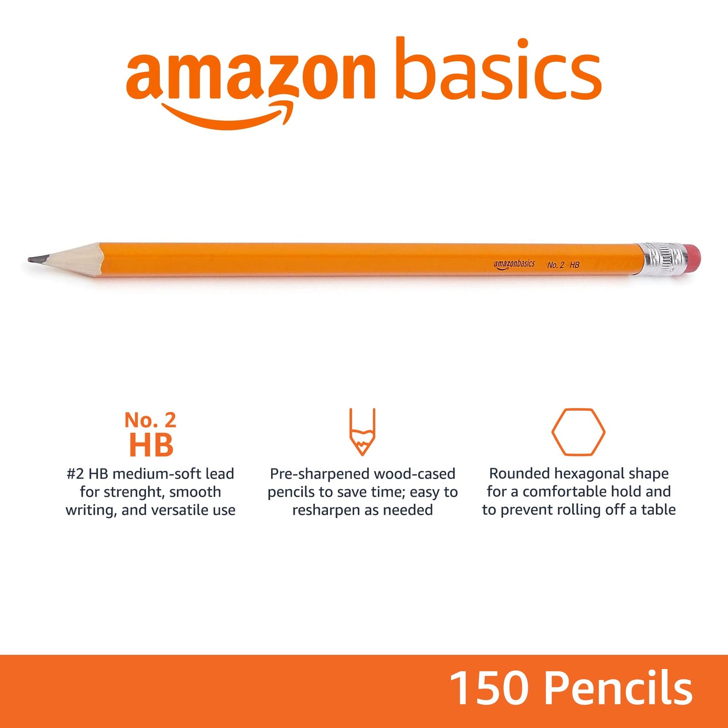 Amazon Basics Wood-Cased #2 Pencils, Pre-sharpened, HB Lead Bulk Box, 150 Count, Yellow