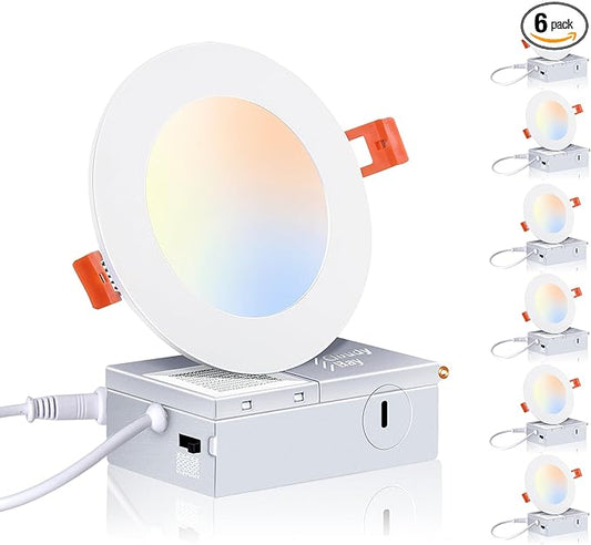CLOUDY BAY 6 Pack 4 Inch 5CCT Ultra-Thin LED Recessed Ceiling Light with Junction Box,2700K/3000K/3500K/4000K/5000K Selectable,10W Dimmable Canless Wafer Downlight,White,650LM High Brightness