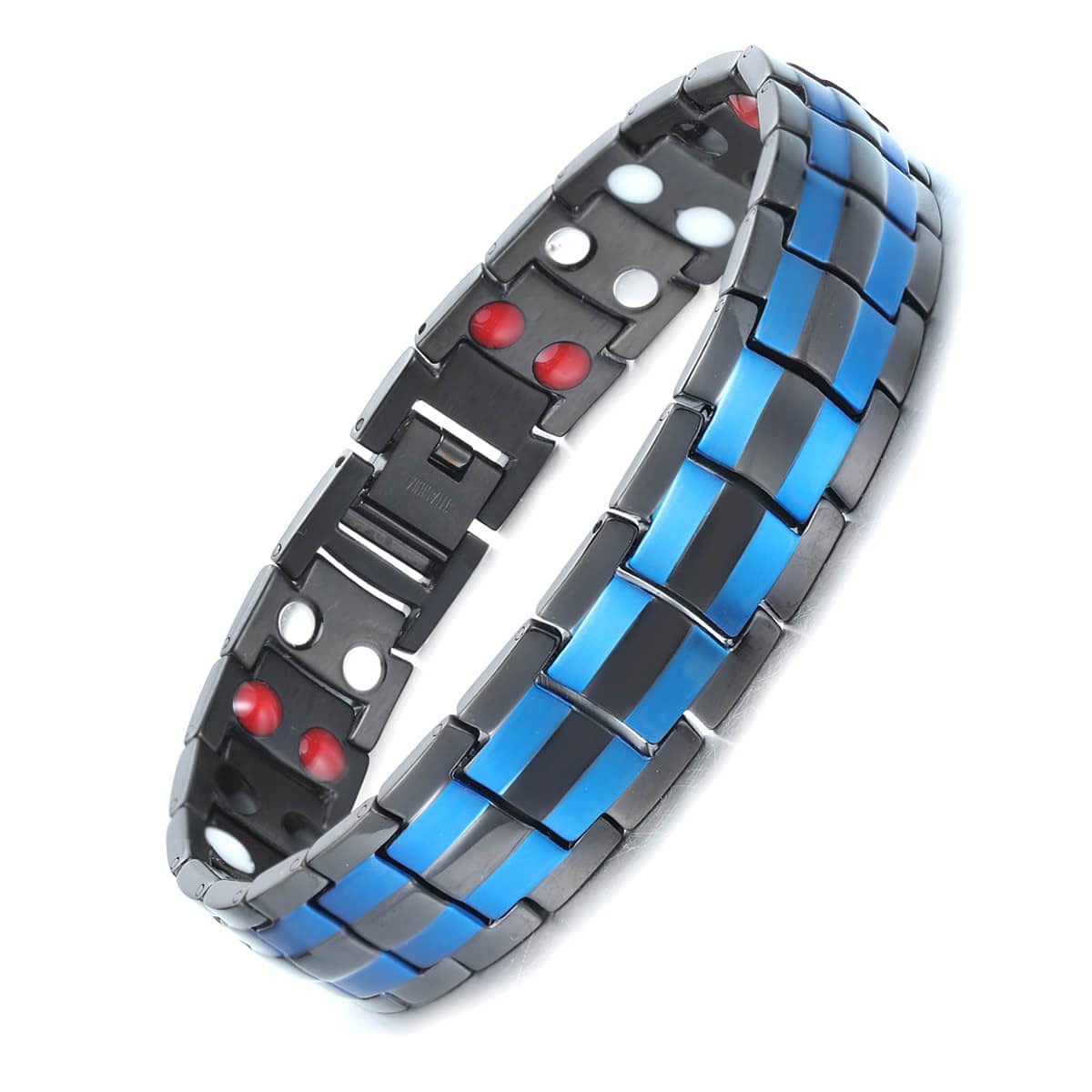 MagEnergy Titanium Steel Magnetic Bracelets for Men,4 Element Double Row Ultra Strength Magnets Wristband Magnetic Brazaletes with Adjustable Links Removal Tool & Jewelry Gift Box (Two Blue-4)