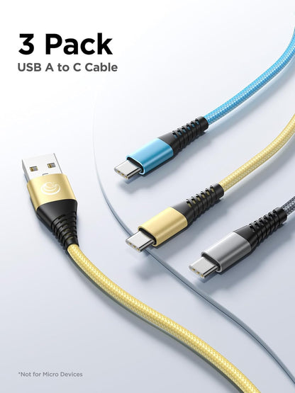 USB C Cable 10FT 3Pack Fast Charging Nylon Braided Long Type C Charger Cable for Samsung Galaxy S24 S23 S22 S21 S10 S9 S8 A02s A03s A11 A12 A13 A14 A21 A22 A32 A42 A53, Tablet, LG, Moto, TCL