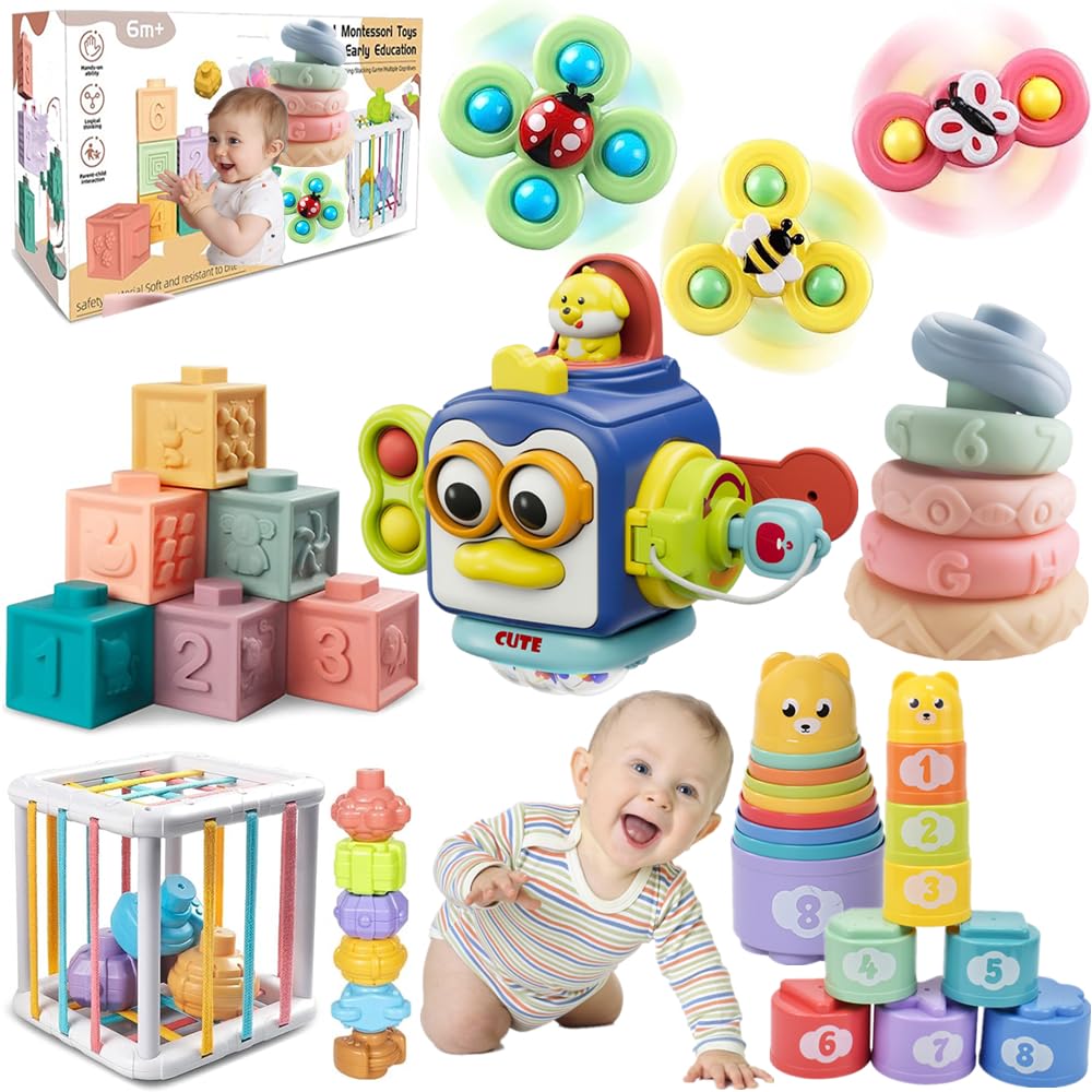 ELLECK Baby Toys 6-12 Months, Montessori Toys for Toddlers 1-3 Year Old, Busy Cube Teether Infants Bath 6 in 1 Stacking Blocks Rings, Suction Cup Spinner, Shape Bin Sensory (0035)