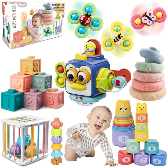 ELLECK Baby Toys 6-12 Months, Montessori Toys for Toddlers 1-3 Year Old, Busy Cube Teether Infants Bath 6 in 1 Stacking Blocks Rings, Suction Cup Spinner, Shape Bin Sensory (0035)