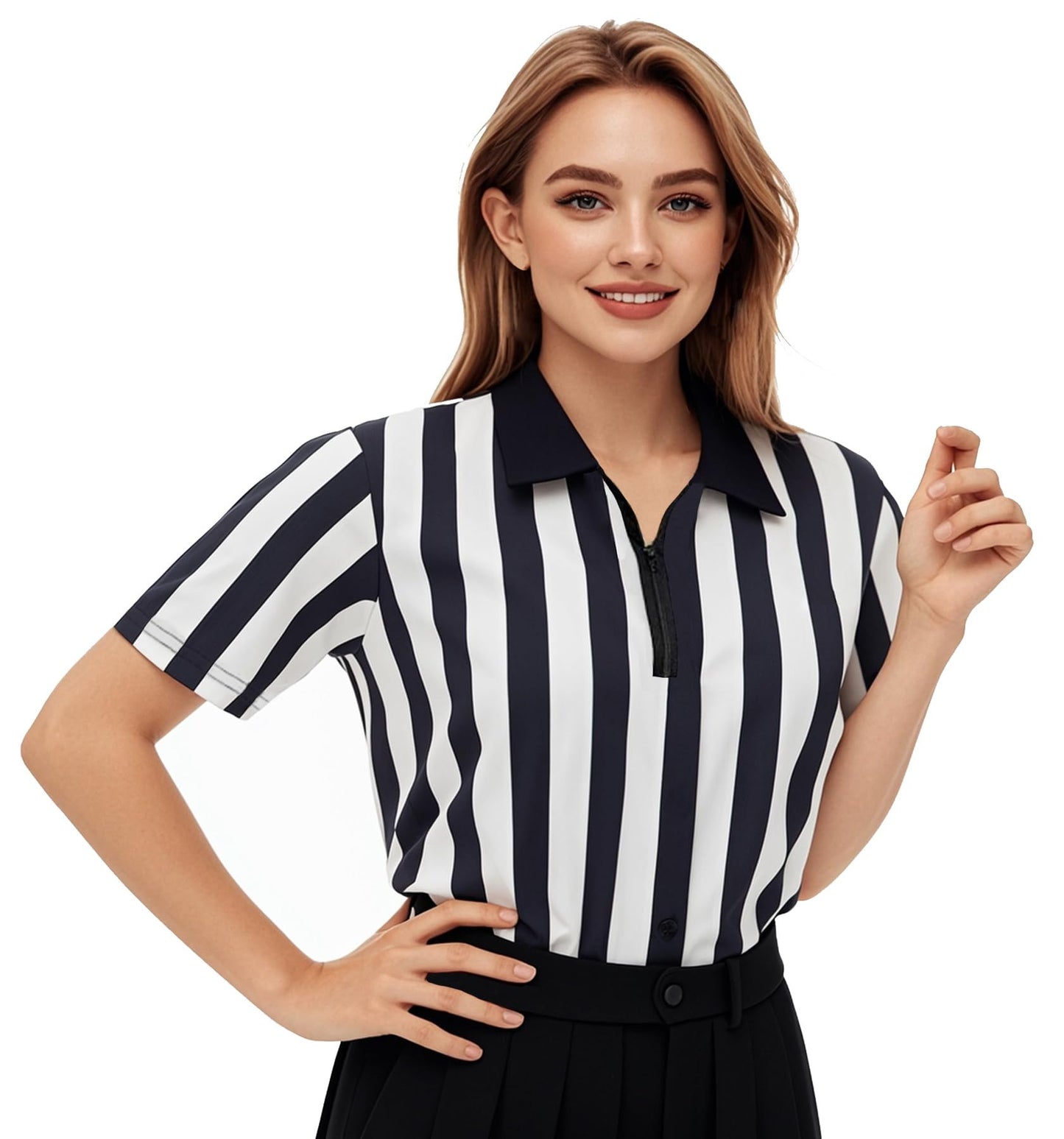 ChinFun Official Referee Costume Shirt Women's Ref Shirt Zipper Collared Black and White Stripe Umpire Jersey Shirt for Basketball Football Soccer Rugby Sports Halloween Size 2XL