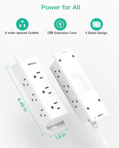 Surge Protector Power Strip - 9 Widely Spaced Multi Outlets, Wall Mount, 3 Side Outlet Extender with Extension Cord, Flat Plug, Overload Protection, Home Office Dorm Room Essentials (5FT, White)