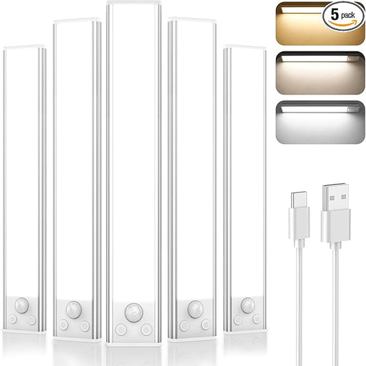 Under Cabinet Lighting, 5-Pack 10 inch 2200mAh Rechargeable Battery Operated Motion Sensor Lights Indoor, Wireless Dimmable Magnetic Under Counter Closet Night Lights for Kitchen, Stair