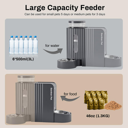 Gardner Pet 2 in 1 Automatic Cat Feeder and Water Dispenser 3L*2, Cat Bowls with Stainless Steel Bowl, Gravity Dog Water Dispenser, 100% BPA-Free, No Electricity Required, Dark Grey
