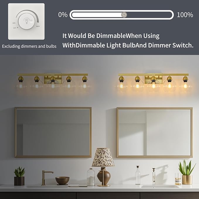 5-Light Bathroom Light Fixtures, Gold Vanity Light with Ultra-Clear Hand-Blown Glass, Durable & Scratch-Resistant, Wall Lamp for Mirror, Bedroom, Hallway