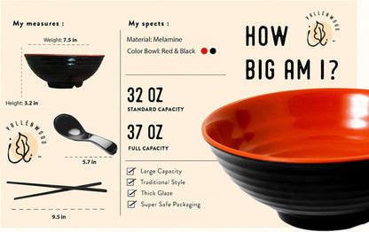 4 Ramen Bowls, 12 pieces Pho set. Red Black Ramen Bowl Set. Unbreakable Melamine. Asian Japanese soup. Spoons And Chopsticks kit. . XL 37 oz. Noodles, Rice, Udon, Thai, Chinese, Korean, Wonton, Miso