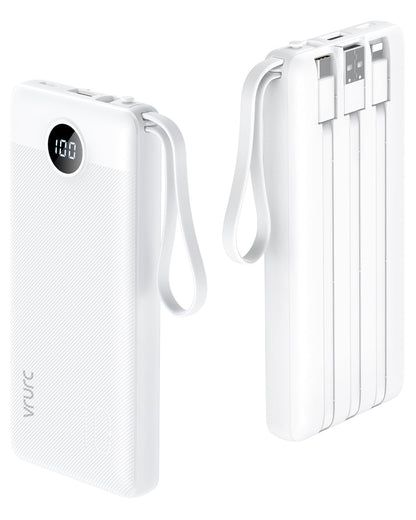 VRURC Portable Charger with Built in Cables, Slim Power Bank 10000mAh, USB C Battery Pack Travel Essential, 5 Outputs 2 Inputs Phone Charging Bank for iPhone 16 15 14 13,Samsung,Android-Black(1 Pack)