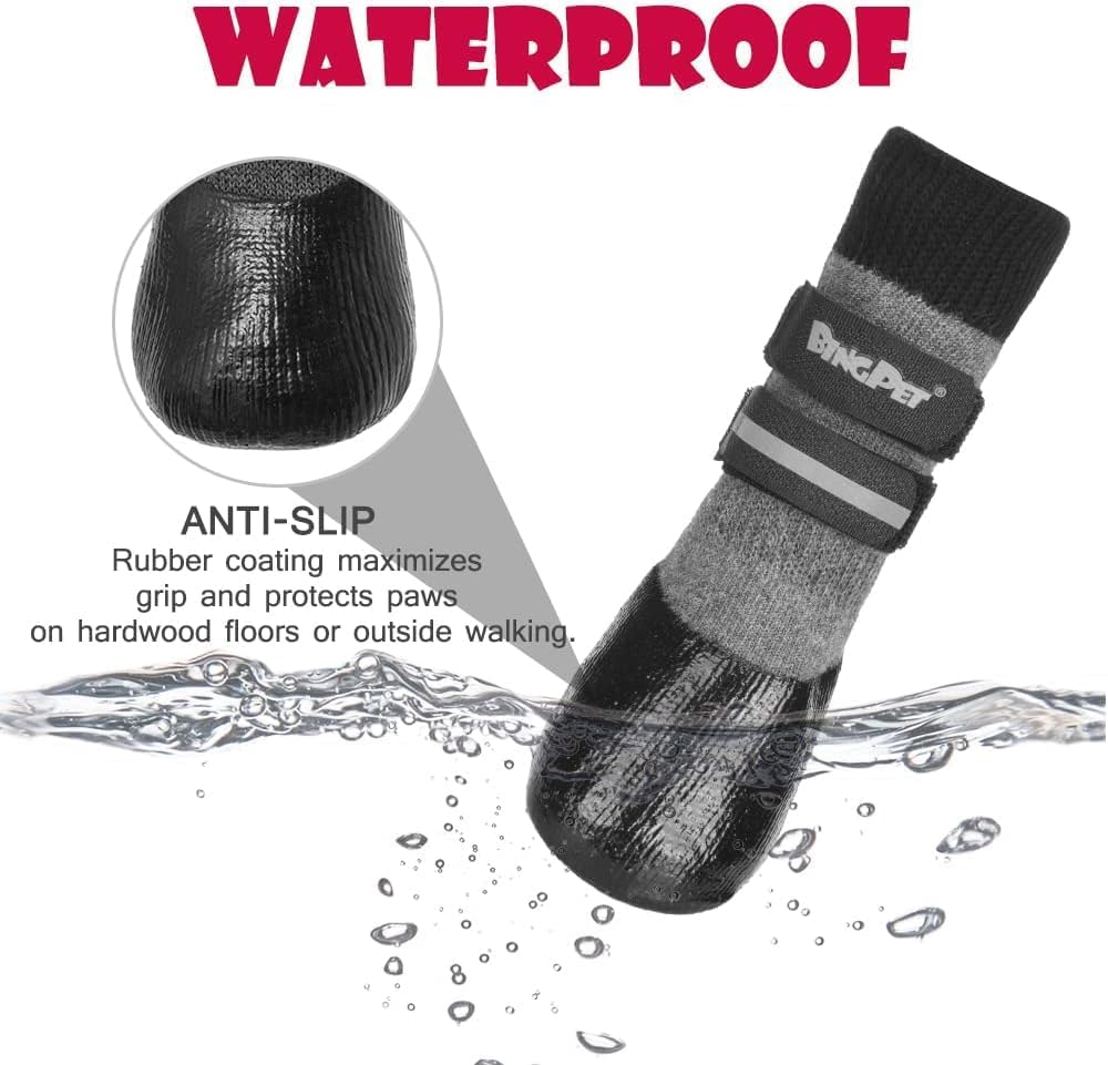 BINGPET Dog Socks Anti-Slip with Straps Paw Protector Traction Control Waterproof for Indoor Outdoor Wear for Medium Dogs