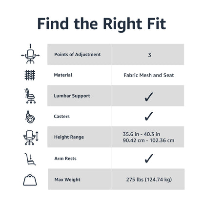 Amazon Basics Mesh Mid-Back Adjustable-Height 360-Degree Swivel Office Desk Chair with Armrests, Lumbar Support and Easy to Assemble, Black