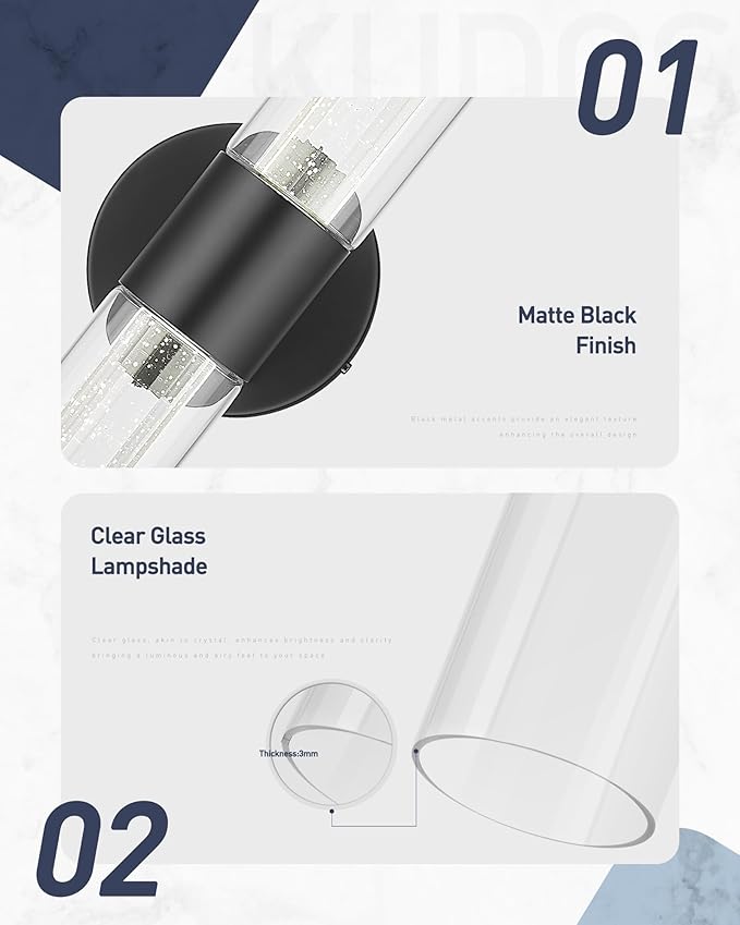 kudos Black Bathroom Sconces Wall Lighting,2 Pack LED Wall Lights with Crystal Bubble and Clear Glass, 3000K/4500K/6000K Adjustable,KDVL05-BK-2-2PK