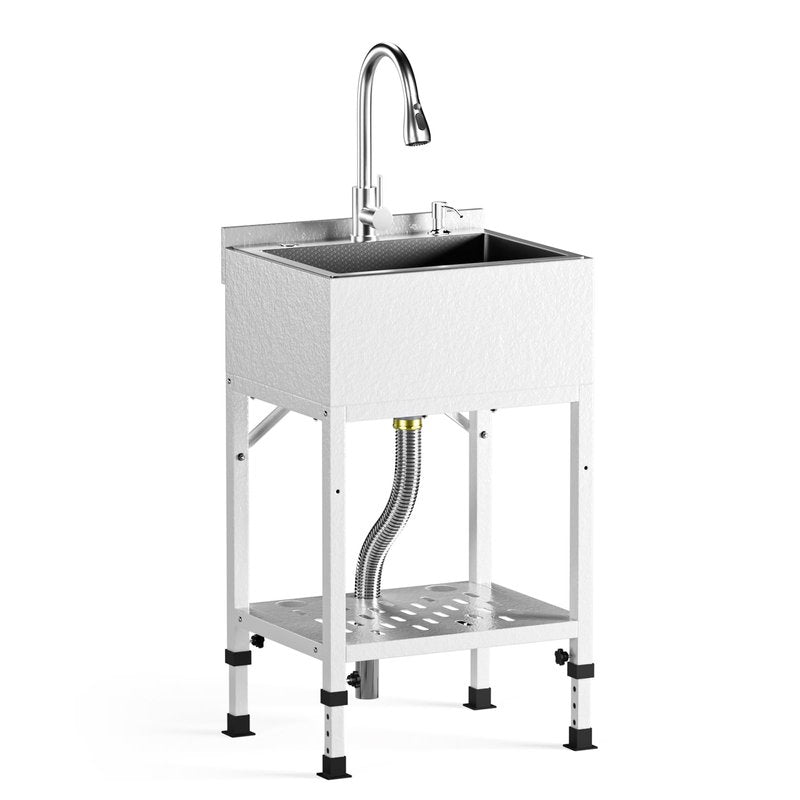 20" Freestanding Utility Sink, Stainless Steel Single Bowl with Deep Basin, Heavy Duty Sinks with Storage Shelves & Hot/Cold Water Pipes for Laundry, Kitchen, Farmhouse, Garage