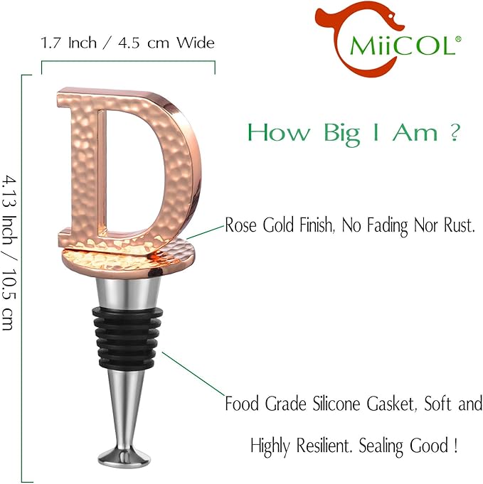 Miicol Wine Stopper, Prosecco Topper, Personalised Champagne Stopper, Rose Gold Wine Bottle Accessories, Wine Lovers Gift, Monogram Gift, Letter D